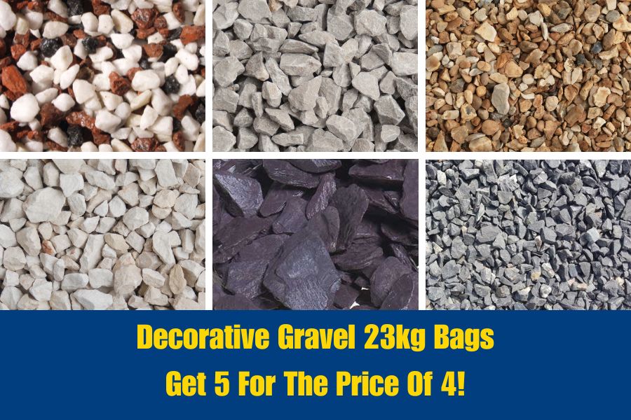 Images of different types and colours of decorative gravel available from AWBS